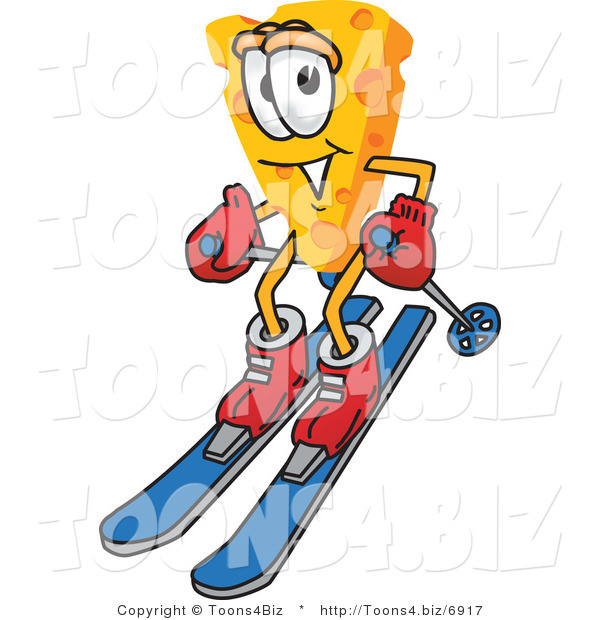 Vector Illustration of a Cartoon Cheese Mascot Skiing - Royalty Free Vector Illustration