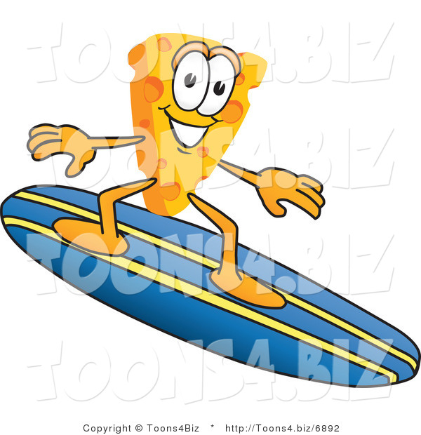 Vector Illustration of a Cartoon Cheese Mascot Surfing - Royalty Free Vector Illustration