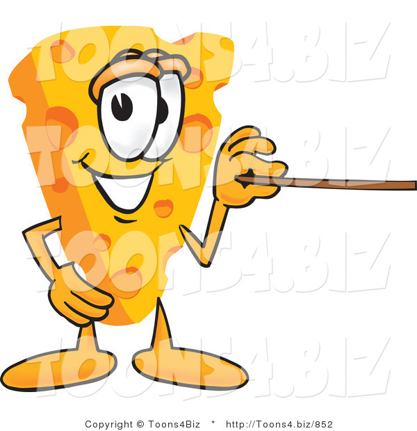 Vector Illustration of a Cartoon Cheese Mascot Using a Pointer Stick and Pointing to the Right