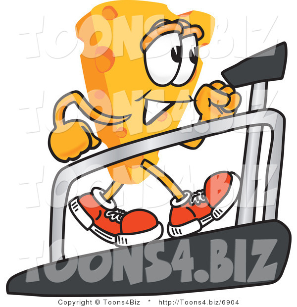 Vector Illustration of a Cartoon Cheese Mascot Walking on a Treadmill - Royalty Free Vector Illustration