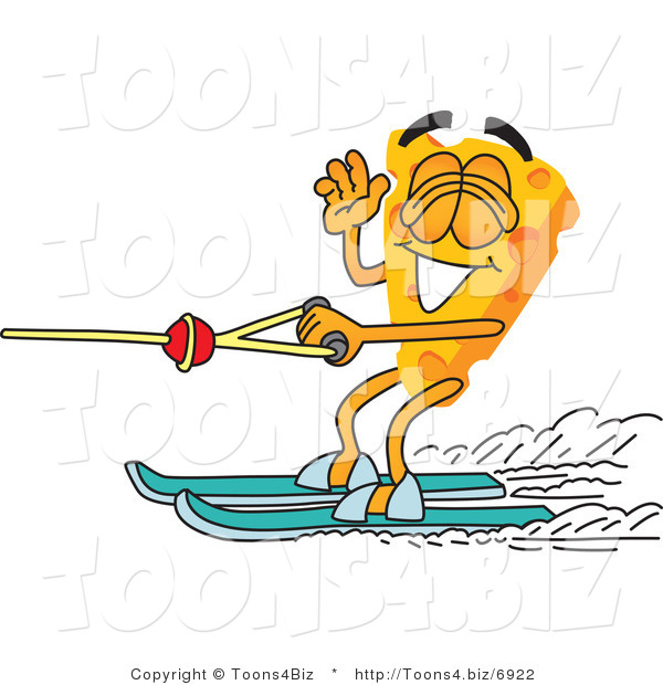 Vector Illustration of a Cartoon Cheese Mascot Water Skiing - Royalty Free Vector Illustration