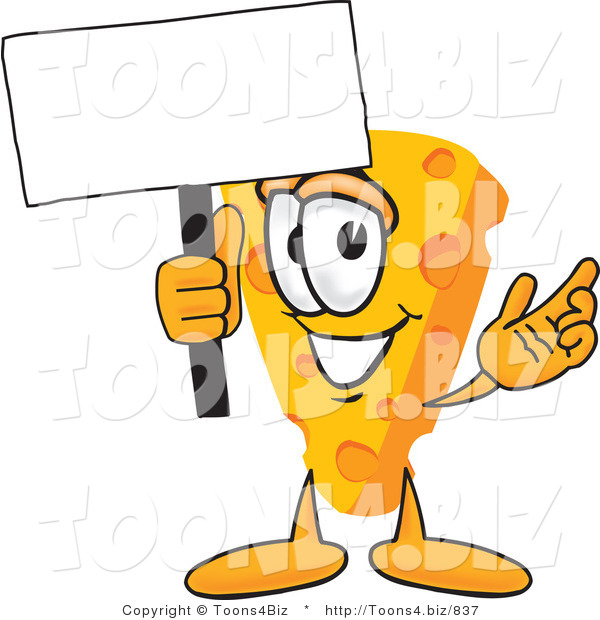 Vector Illustration of a Cartoon Cheese Mascot Waving a Blank White Advertising Sign