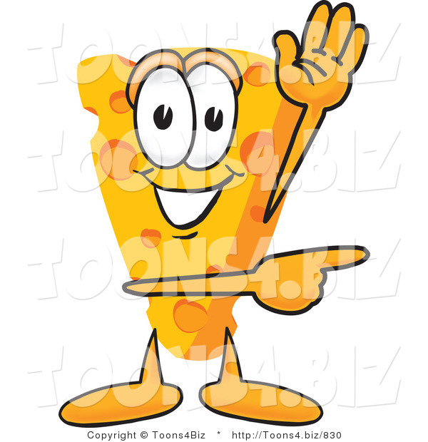 Vector Illustration of a Cartoon Cheese Mascot Waving and Pointing to the Right