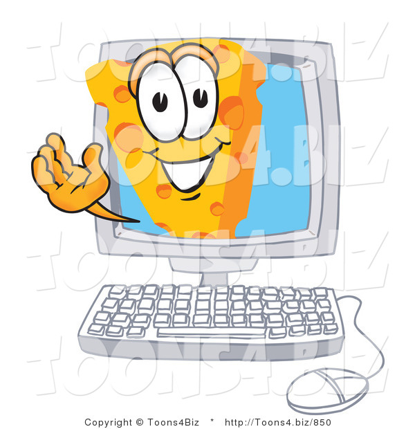 Vector Illustration of a Cartoon Cheese Mascot Waving from Inside a Computer Screen
