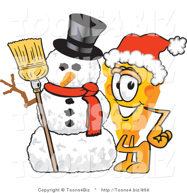 Vector Illustration of a Cartoon Cheese Mascot Wearing a Santa Hat and Standing Beside a Snowman on Christmas