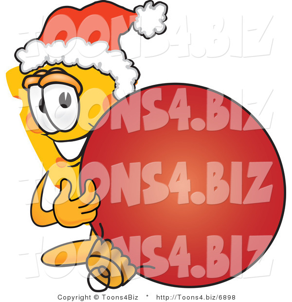 Vector Illustration of a Cartoon Cheese Mascot with a Christmas Bauble - Royalty Free Vector Illustration