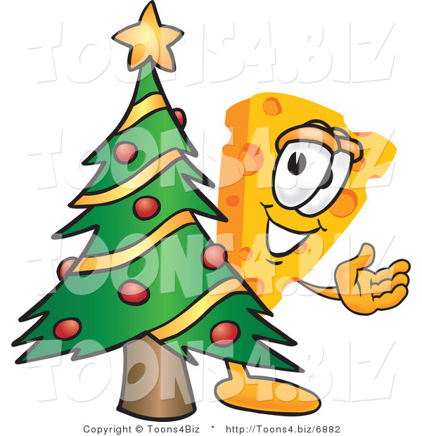 Vector Illustration of a Cartoon Cheese Mascot with a Christmas Tree - Royalty Free Vector Illustration