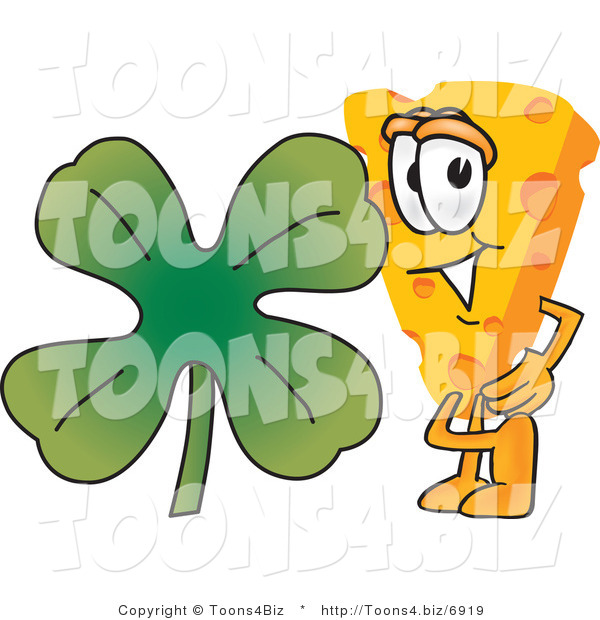 Vector Illustration of a Cartoon Cheese Mascot with a Shamrock - Royalty Free Vector Illustration