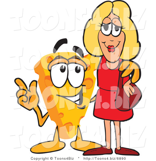 Vector Illustration of a Cartoon Cheese Mascot with a Woman - Royalty Free Vector Illustration