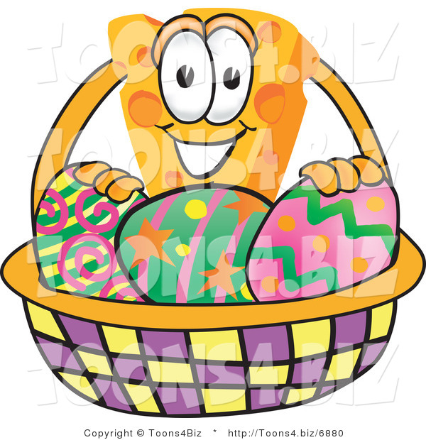 Vector Illustration of a Cartoon Cheese Mascot with an Easter Basket - Royalty Free Vector Illustration