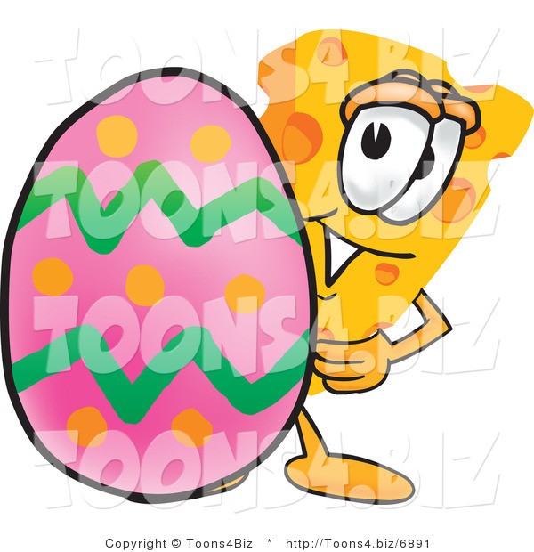 Vector Illustration of a Cartoon Cheese Mascot with an Easter Egg - Royalty Free Vector Illustration