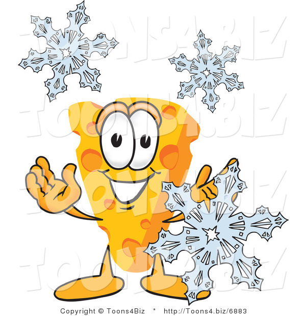 Vector Illustration of a Cartoon Cheese Mascot with Snowflakes - Royalty Free Vector Illustration