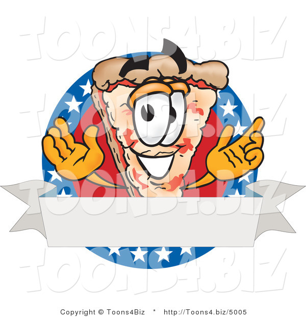 Vector Illustration of a Cartoon Cheese Pizza Mascot over a Blank White Banner on an American Themed Business Logo