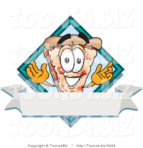 Vector Illustration of a Cartoon Cheese Pizza Mascot over a Blank White Business Label Banner