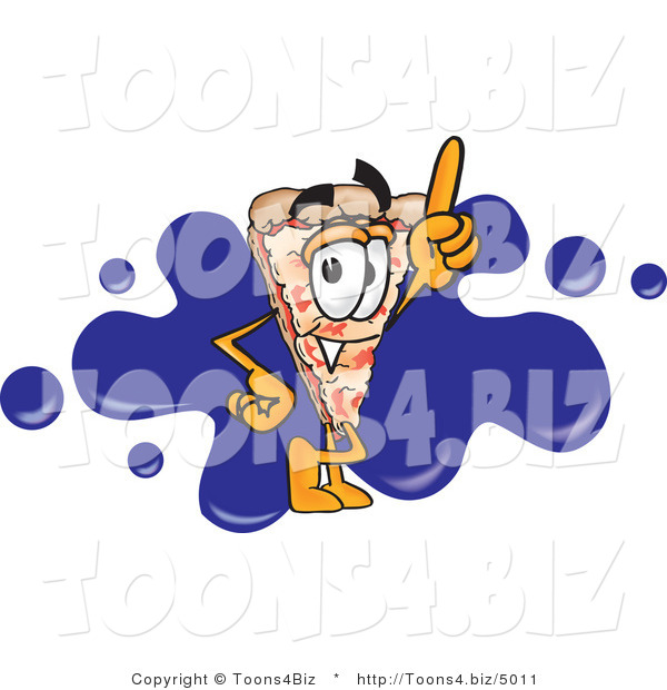 Vector Illustration of a Cartoon Cheese Pizza Mascot Pointing Upwards and Standing in Front of a Blue Paint Splatter on a Business Logo