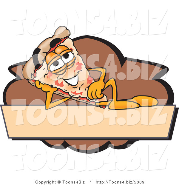 Vector Illustration of a Cartoon Cheese Pizza Mascot Reclining on a Blank Tan and Brown Label