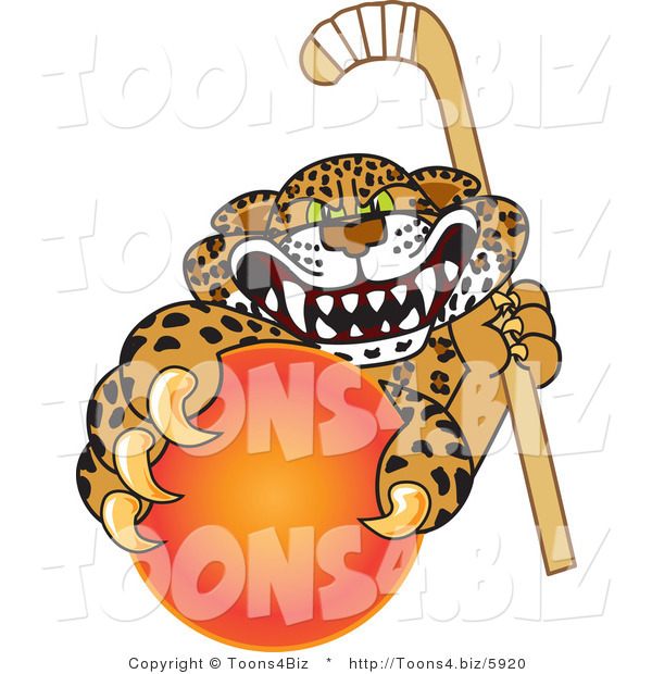 Vector Illustration of a Cartoon Cheetah Mascot Grabbing a Hockey Ball