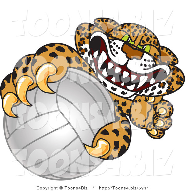 Vector Illustration of a Cartoon Cheetah Mascot Grabbing a Volleyball
