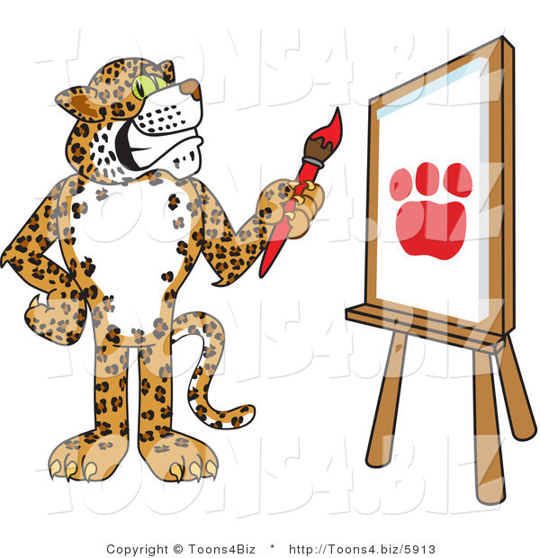 Vector Illustration of a Cartoon Cheetah Mascot Painting a Paw Print