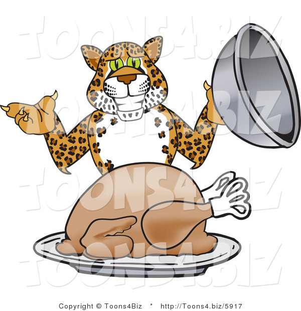 Vector Illustration of a Cartoon Cheetah Mascot Serving a Thanksgiving Turkey