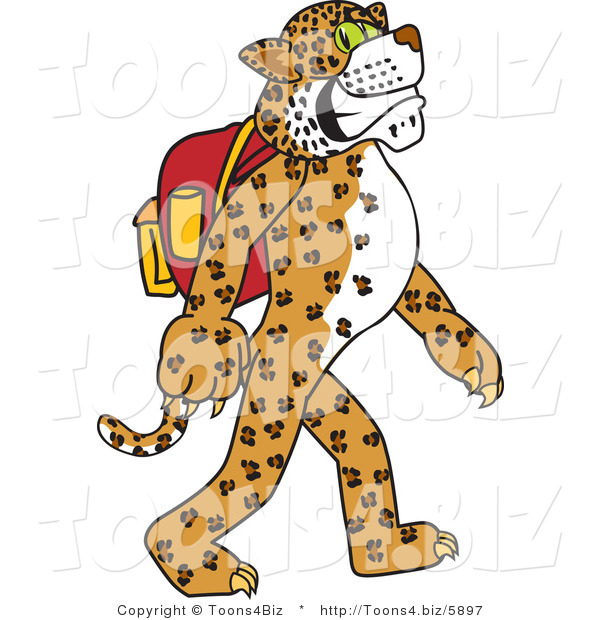 Vector Illustration of a Cartoon Cheetah Mascot Walking and Wearing a Backpack