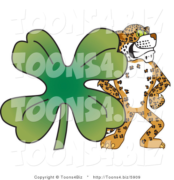 Vector Illustration of a Cartoon Cheetah Mascot with a Clover