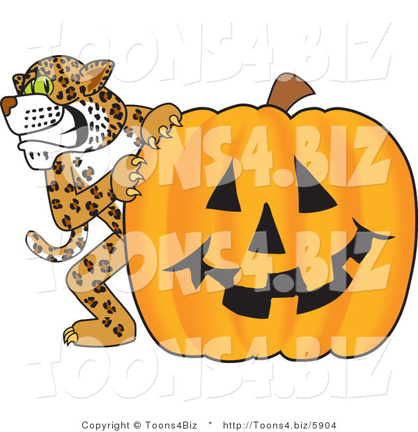 Vector Illustration of a Cartoon Cheetah Mascot with a Halloween Pumpkin