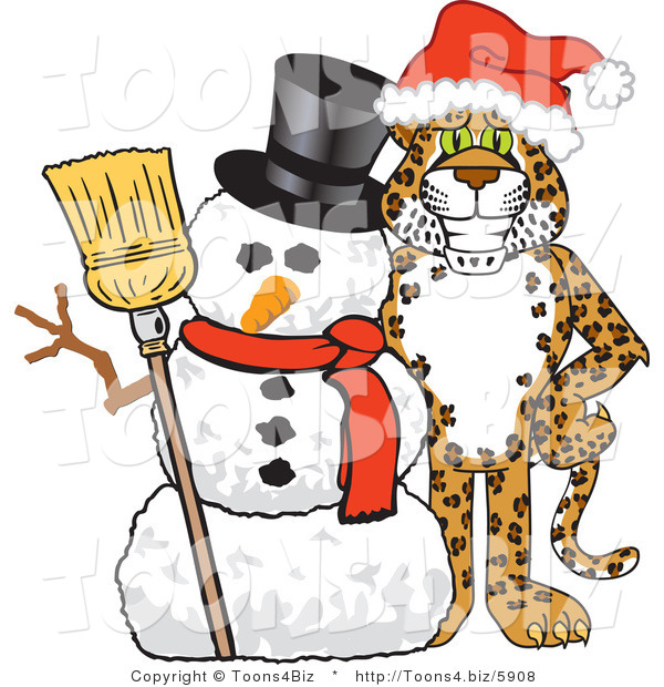 Vector Illustration of a Cartoon Cheetah Mascot with a Snowman