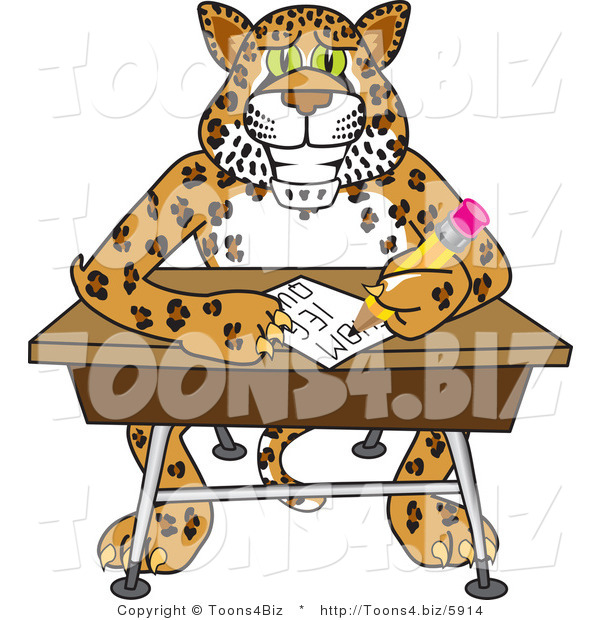 Vector Illustration of a Cartoon Cheetah Mascot Writing in Class