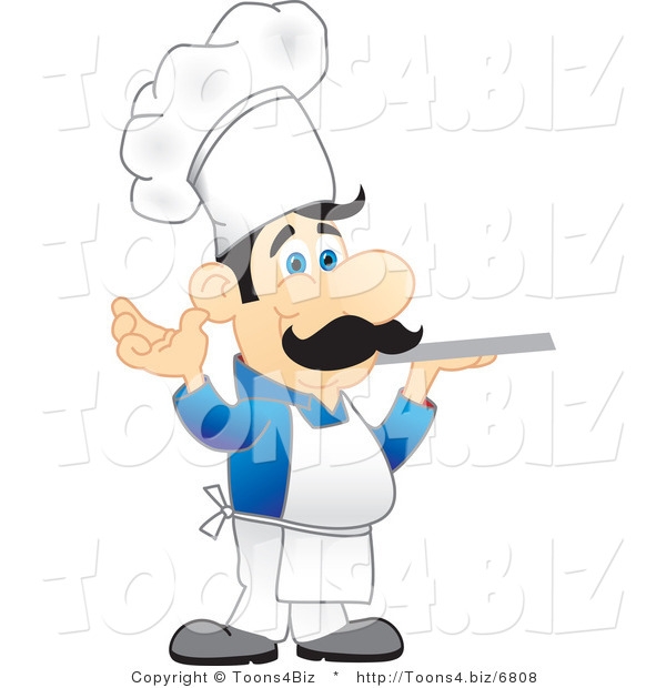 Vector Illustration of a Cartoon Chef Mascot in a Blue Shirt, Holding a Platter