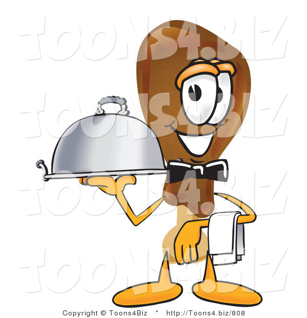 Vector Illustration of a Cartoon Chicken Drumstick Mascot Dressed As a Waiter and Holding a Serving Platter