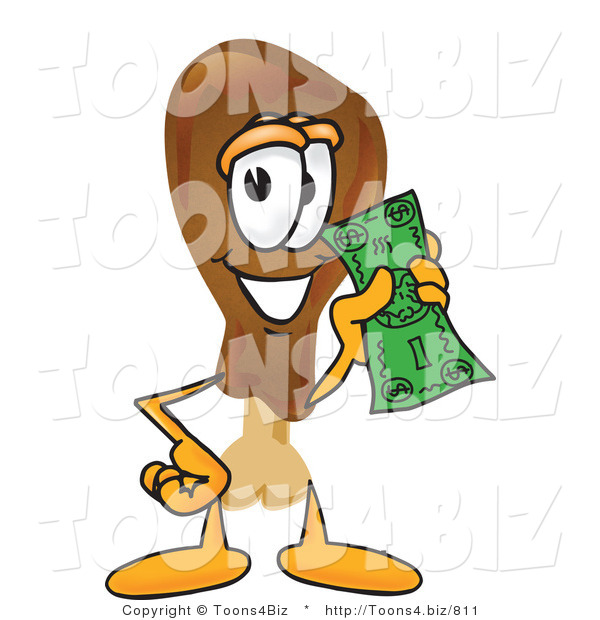 Vector Illustration of a Cartoon Chicken Drumstick Mascot Holding a Dollar Bill