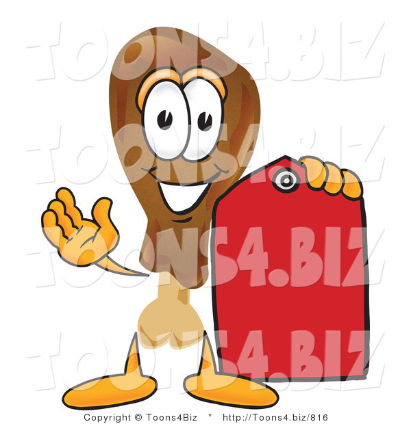 Vector Illustration of a Cartoon Chicken Drumstick Mascot Holding a Red Sales Price Tag