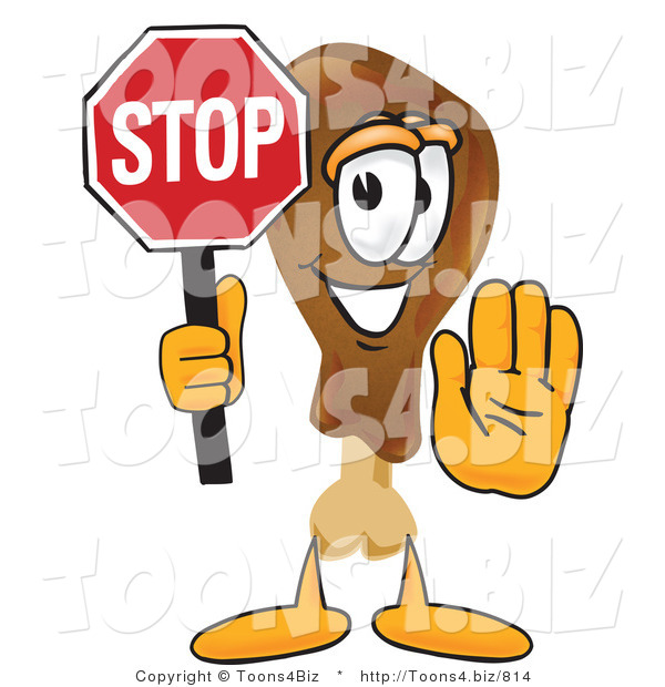 Vector Illustration of a Cartoon Chicken Drumstick Mascot Holding a Stop Sign