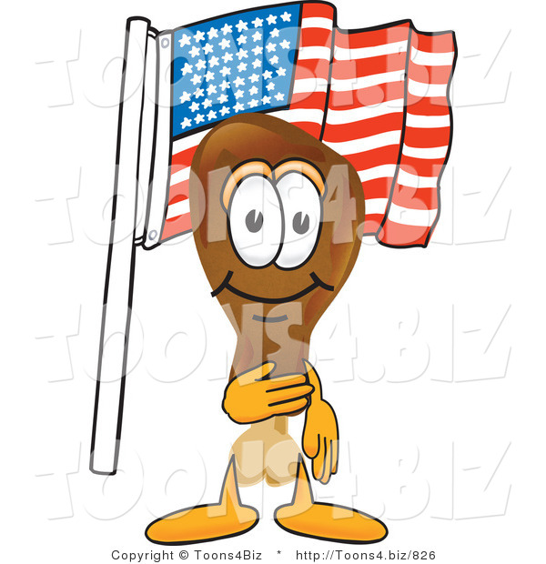 Vector Illustration of a Cartoon Chicken Drumstick Mascot Pledging Allegiance to an American Flag