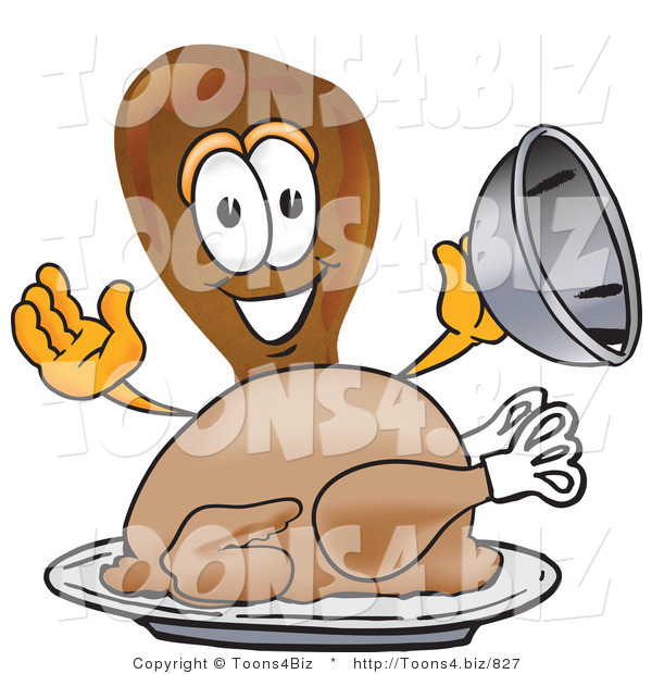 Vector Illustration of a Cartoon Chicken Drumstick Mascot Serving a Thanksgiving Turkey on a Platter