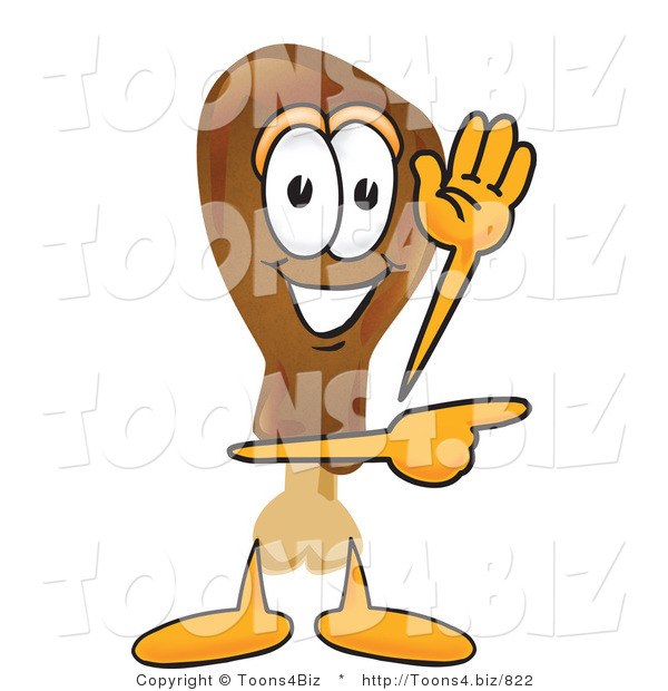 Vector Illustration of a Cartoon Chicken Drumstick Mascot Waving and Pointing