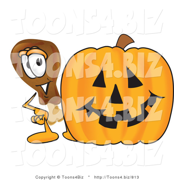 Vector Illustration of a Cartoon Chicken Drumstick Mascot with a Carved Halloween Pumpkin