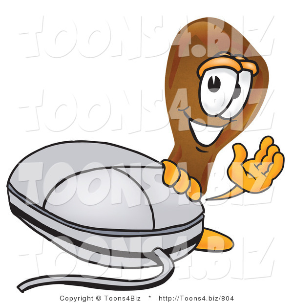 Vector Illustration of a Cartoon Chicken Drumstick Mascot with a Computer Mouse