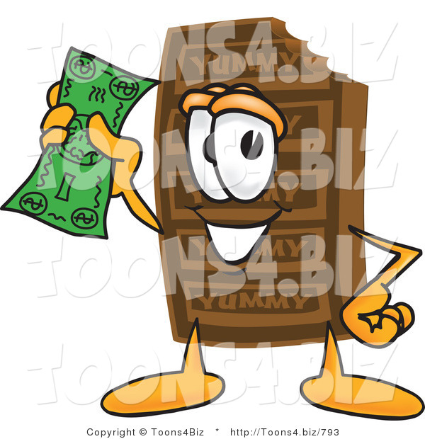 Vector Illustration of a Cartoon Chocolate Mascot Holding a Dollar Bill