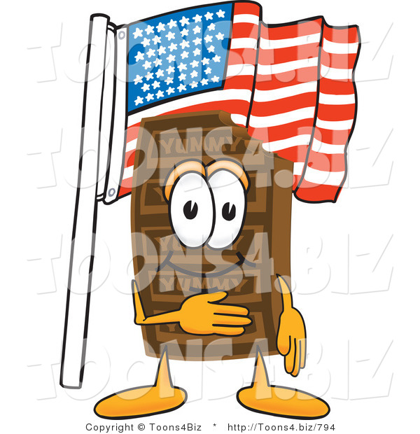 Vector Illustration of a Cartoon Chocolate Mascot Pledging Allegiance to an American Flag