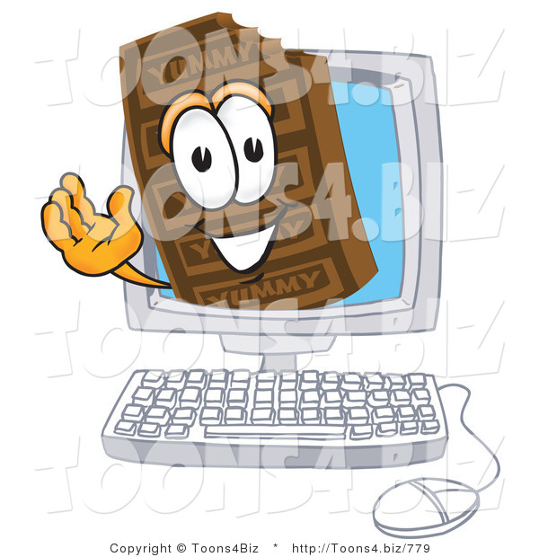 Vector Illustration of a Cartoon Chocolate Mascot Waving from Inside a Computer Screen