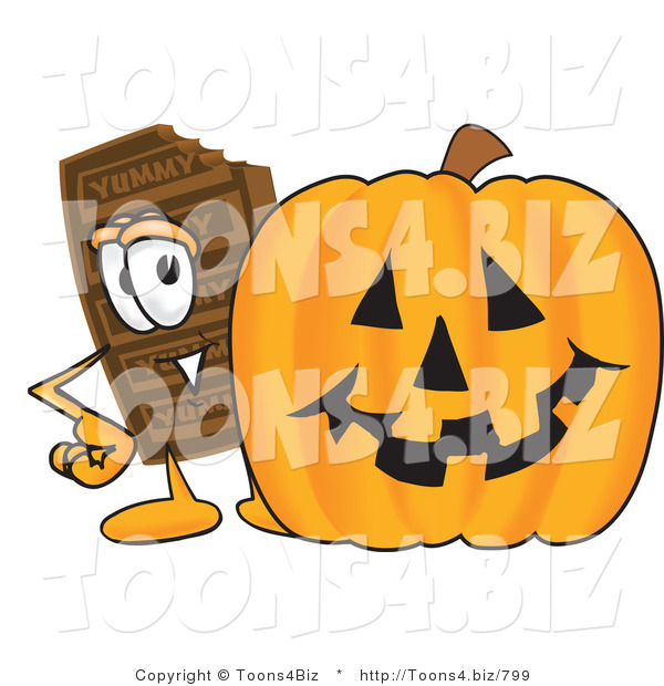 Vector Illustration of a Cartoon Chocolate Mascot with a Carved Halloween Pumpkin