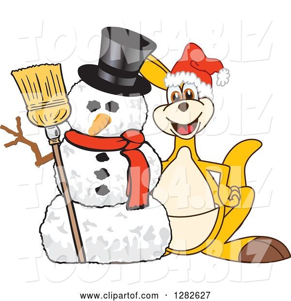Vector Illustration of a Cartoon Christmas Kangaroo Mascot by a Winter Snowman