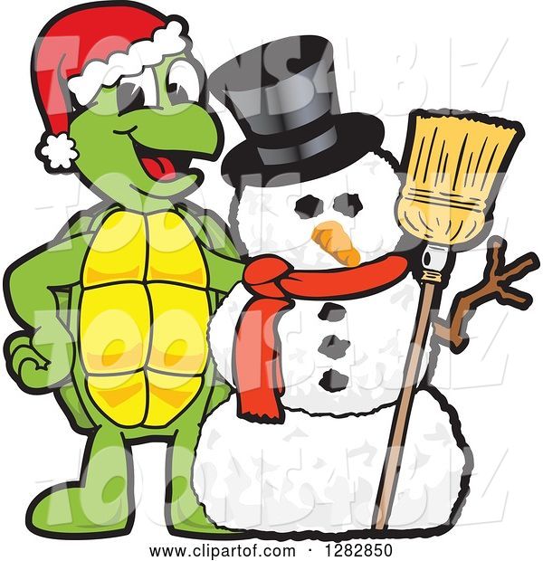 Vector Illustration of a Cartoon Christmas Turtle Mascot with a Winter Snowman