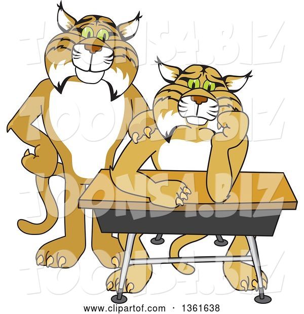 Vector Illustration of a Cartoon Compassionate Bobcat Mascot Standing by a Worried Student