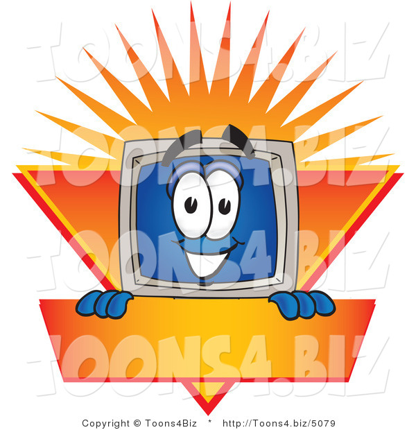 Vector Illustration of a Cartoon Computer Mascot Logo Showing the Monitor Smiling over an Orange and Yellow Banner Against a Sunburst