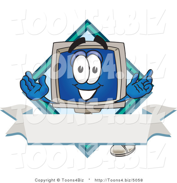 Vector Illustration of a Cartoon Computer Mascot on a Blank Label with a Blank Banner and Diamond