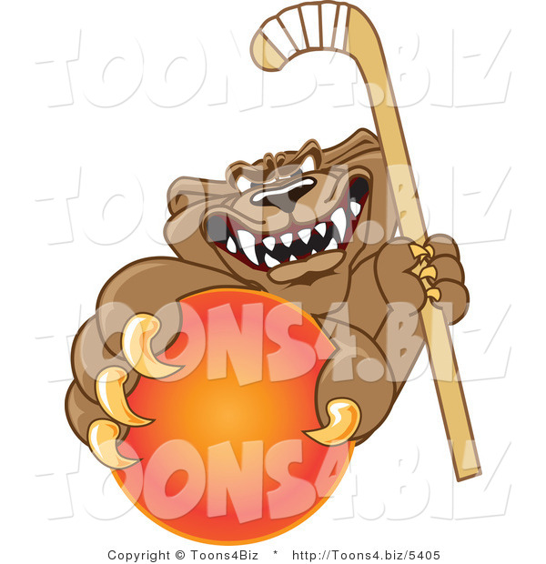 Vector Illustration of a Cartoon Cougar Mascot Character Grabbing a Hockey Ball