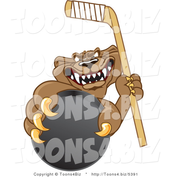 Vector Illustration of a Cartoon Cougar Mascot Character Grasping a Hockey Puck